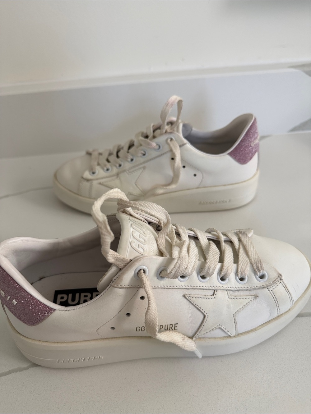 Golden Goose White Leather Sneakers with Pink Glitter Heel - Picture 4 of 6